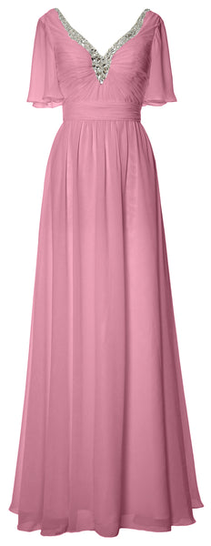 MACloth Women V Neck Half Sleeves Long Wedding Party Dresses Bridesmaid Mother of Bride Formal Evening Gown