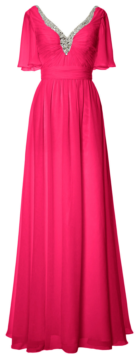 MACloth Women V Neck Half Sleeves Long Wedding Party Dresses Bridesmaid Mother of Bride Formal Evening Gown