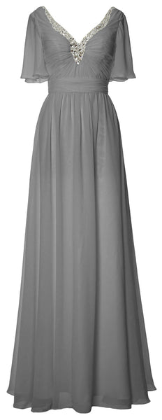MACloth Women V Neck Half Sleeves Long Wedding Party Dresses Bridesmaid Mother of Bride Formal Evening Gown