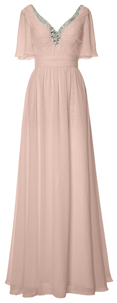 MACloth Women V Neck Half Sleeves Long Wedding Party Dresses Bridesmaid Mother of Bride Formal Evening Gown