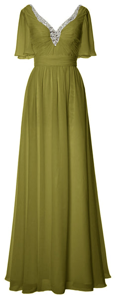MACloth Women V Neck Half Sleeves Long Wedding Party Dresses Bridesmaid Mother of Bride Formal Evening Gown