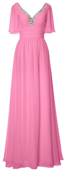 MACloth Women V Neck Half Sleeves Long Wedding Party Dresses Bridesmaid Mother of Bride Formal Evening Gown