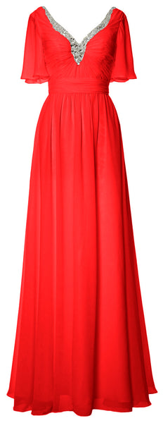 MACloth Women V Neck Half Sleeves Long Wedding Party Dresses Bridesmaid Mother of Bride Formal Evening Gown