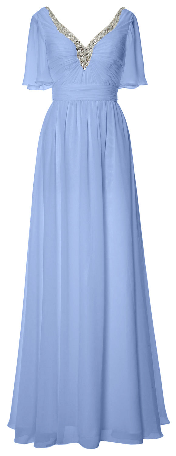 MACloth Women V Neck Half Sleeves Long Wedding Party Dresses Bridesmaid Mother of Bride Formal Evening Gown