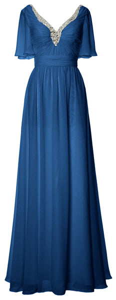 MACloth Women V Neck Half Sleeves Long Wedding Party Dresses Bridesmaid Mother of Bride Formal Evening Gown