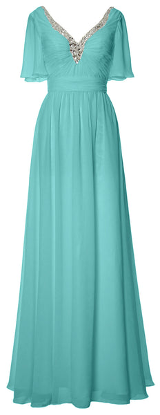 MACloth Women V Neck Half Sleeves Long Wedding Party Dresses Bridesmaid Mother of Bride Formal Evening Gown