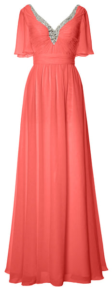 MACloth Women V Neck Half Sleeves Long Wedding Party Dresses Bridesmaid Mother of Bride Formal Evening Gown