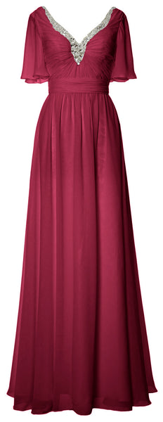 MACloth Women V Neck Half Sleeves Long Wedding Party Dresses Bridesmaid Mother of Bride Formal Evening Gown