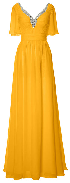 MACloth Women V Neck Half Sleeves Long Wedding Party Dresses Bridesmaid Mother of Bride Formal Evening Gown