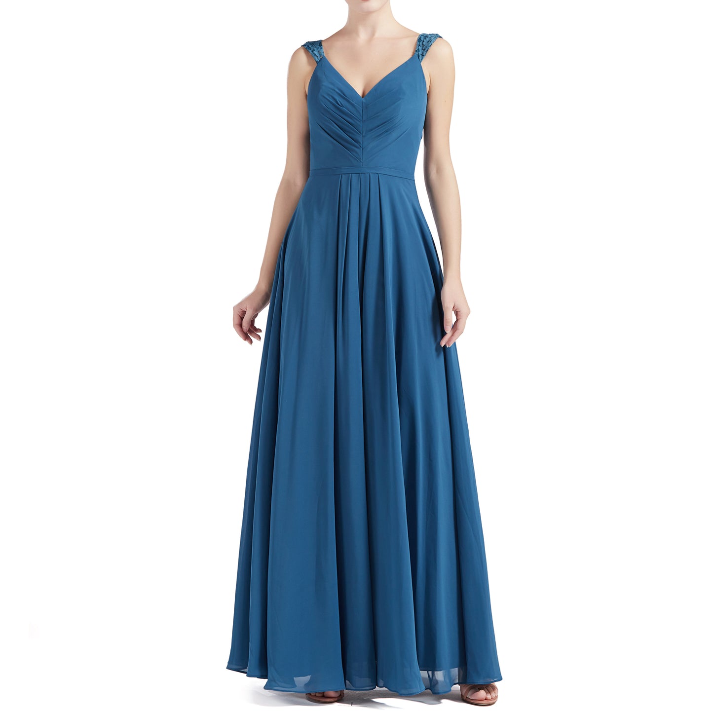 MACloth Women V Neck Lace Chiffon A Line Maxi Wedding Party Bridesmaid Dresses