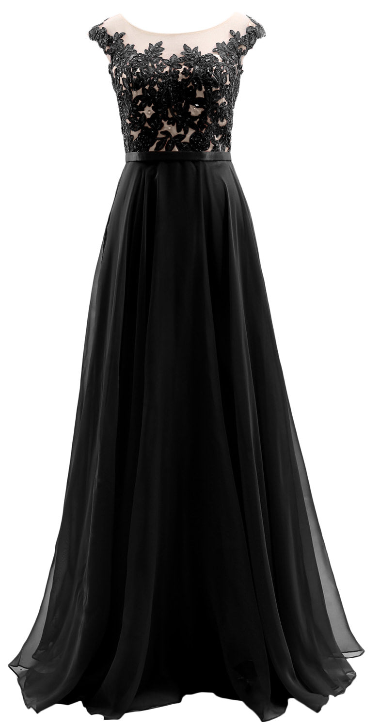 MACloth Cap Sleeves Illusion Long Prom Dress Lace Chiffon Wedding Party Dress