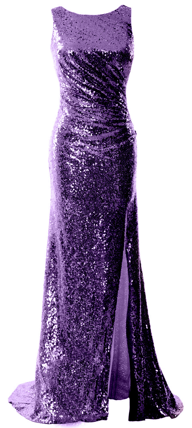MACloth Women Sequin Long Bridesmaid Dresses Cowl Back Prom Evening Gown Split
