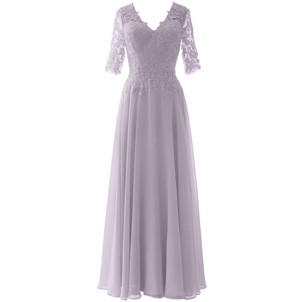 MACloth Long Maxi Mother Bride Dresses Short Sleeve Lace V Neck Evening Gown