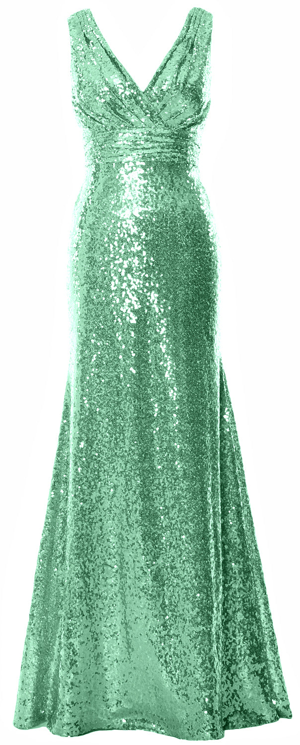 MACloth Women Mermaid V Neck Maxi Sequin Wedding Party Dresses Bridesmaid Prom