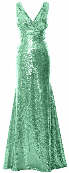 MACloth Women Mermaid V Neck Maxi Sequin Wedding Party Dresses Bridesmaid Prom