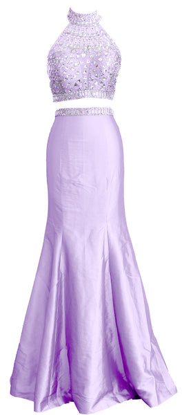 MACloth Women Mermaid Two Piece High Neck Taffeta Long Prom Dress Formal Gown