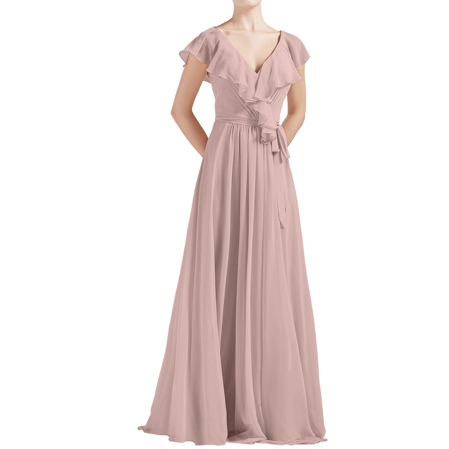 MACloth Women V Neck Ruffle Cap Sleeves Long Bridesmaid Dresses