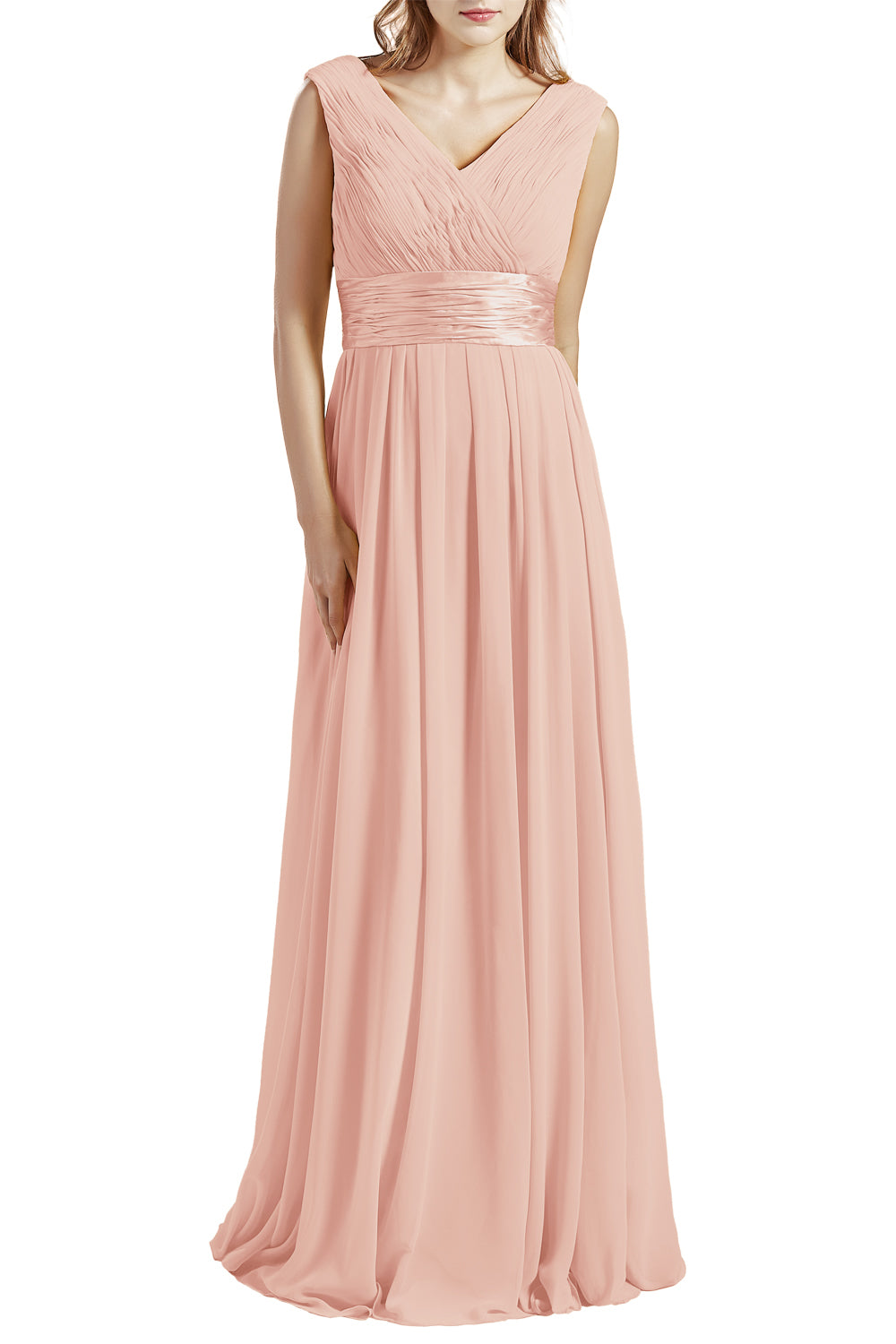 MACloth Damen Langes V-Ausschnitt Chiffon Brautjungfernkleid mit Rüschen BD