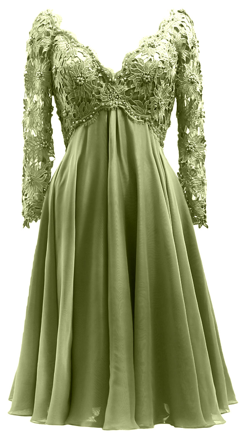 MACloth Women Long Sleeves Short Mother Bride Dresses V Neck Cocktail Party Clover / Floor Length / US2
