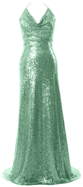 MACloth Women Halter Long Sequin Bridesmaid Dresses Party Evening Gown Maxi