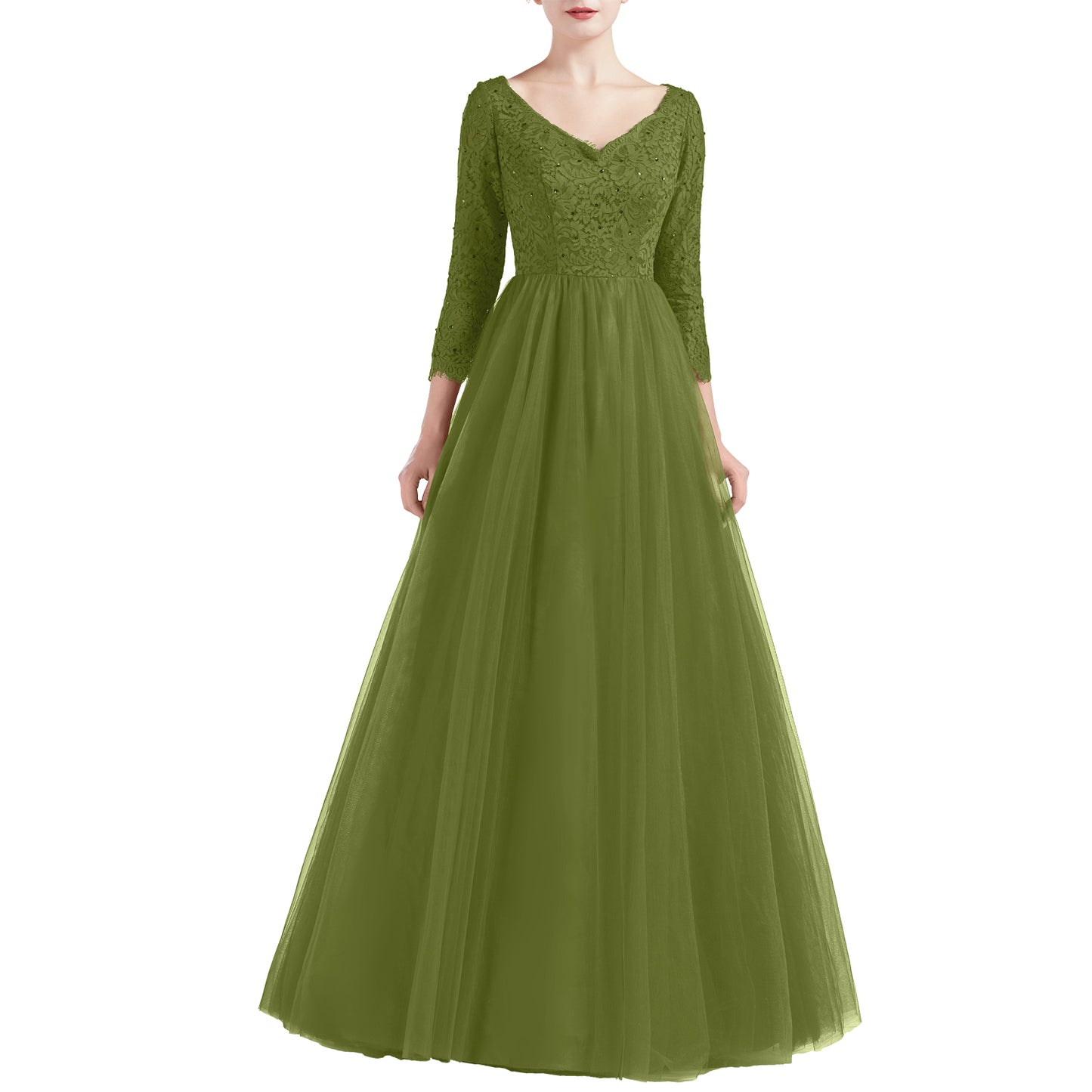 MACloth Women V Neck 3/4 Sleeve Long Tulle Prom Party Dresses Ball Gown Bridal