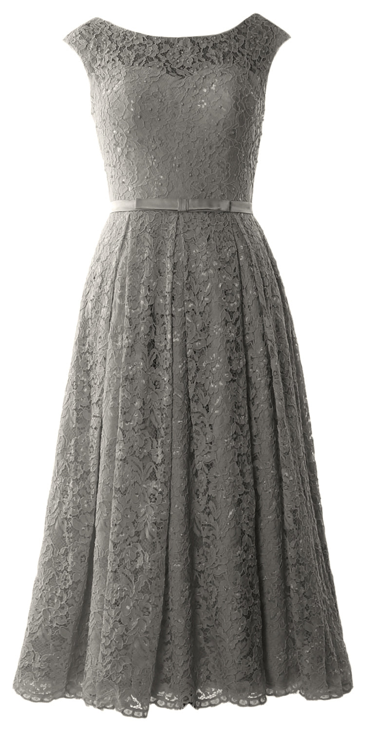 MACloth Women Tea Length Mother Bride Gown Dresses Cap Sleeve Lace Midi Corset