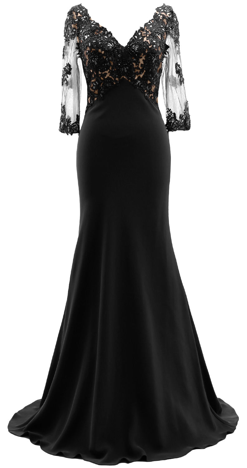 MACloth 3/4 Sleeves Illusion Lace Evening Gown V Neck Mother of the Bride Dress