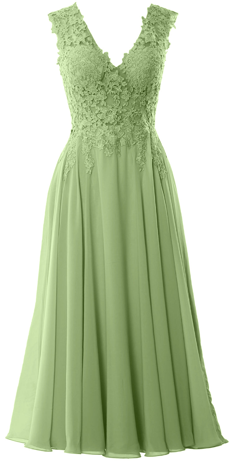MACloth Women V Neck Lace Mother Bride Dresses Midi Tea Length Wedding Dinner