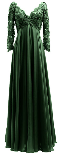 MACloth Women Mother of Bride Dresses V Neck Lace Long Sleeves Evening Gown