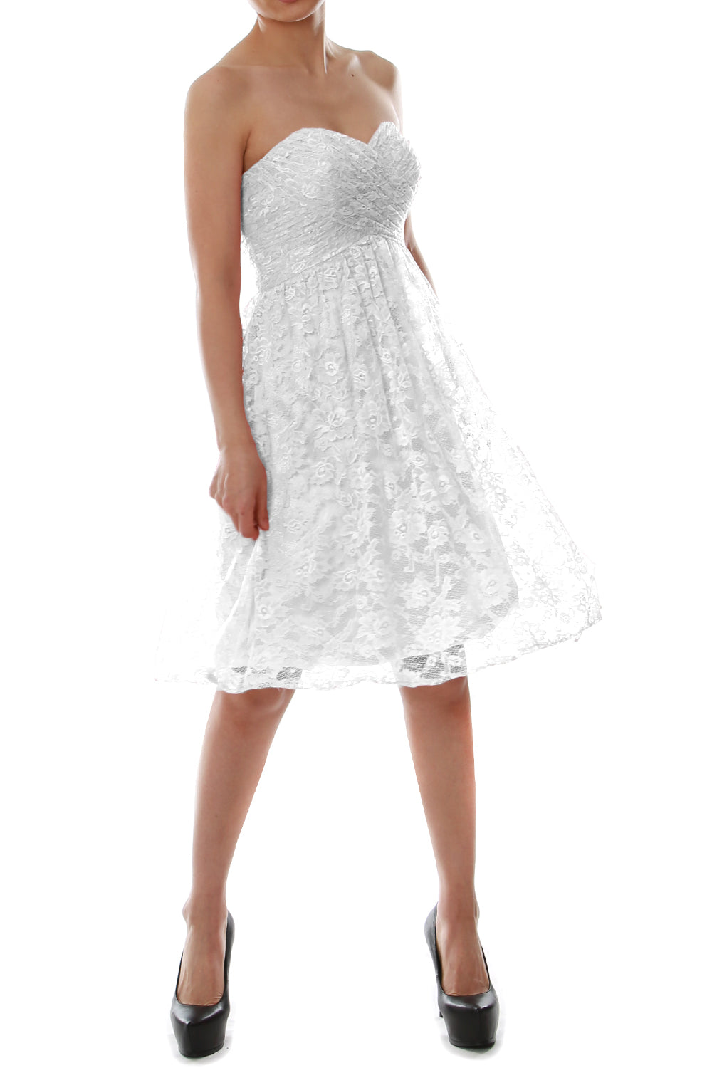 MACloth Women Strapless Wedding Party Formal Gown Short Lace Bridesmaid Dress