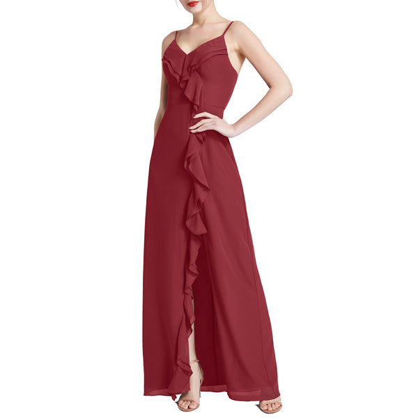 MACloth Women V Neck Ruffle Chiffon Long Wedding Party Bridesmaid Dresses Slit