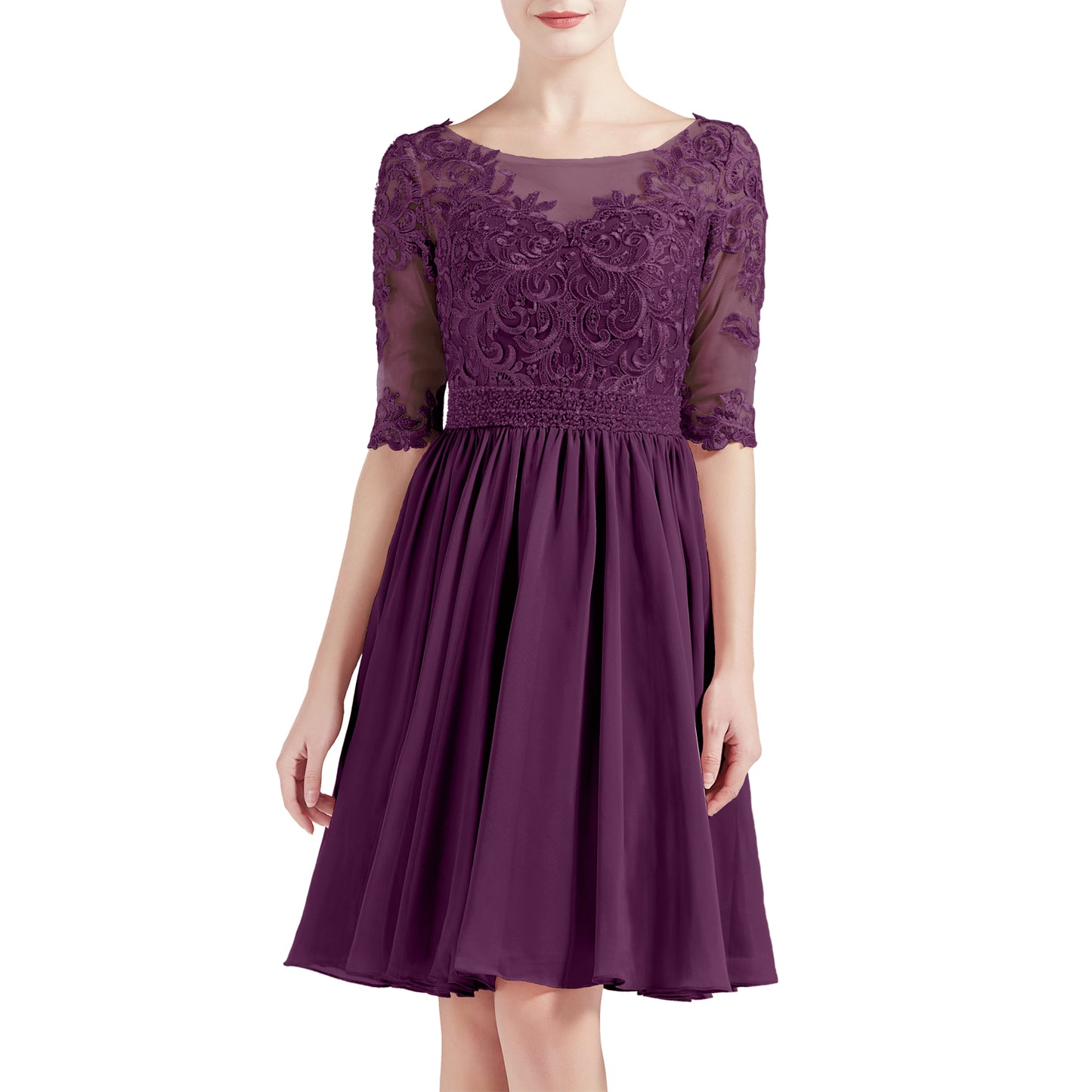 MACloth Women Half Sleeves Short Lace Beading Boat Neckline Mother of Bride Dresses Wedding Bridal Party