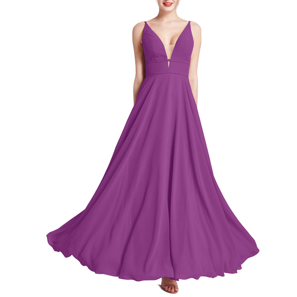 MACloth Women Plunge V Neck Long Elegant Wedding Party Bridesmaid Dresses