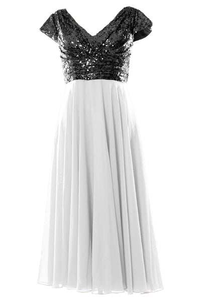 MACloth Women Mother of Bride Dresses Tea Length Sequin Cap Sleeves Bridesmaid