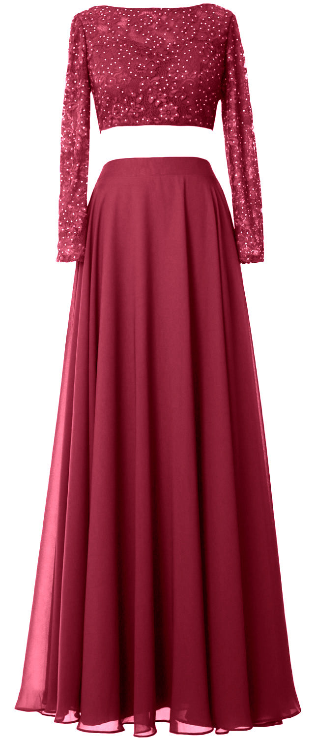 MACloth Damen Abendkleid aus Spitze und Chiffon, 2-teilig, lange Ärmel, Ballkleid