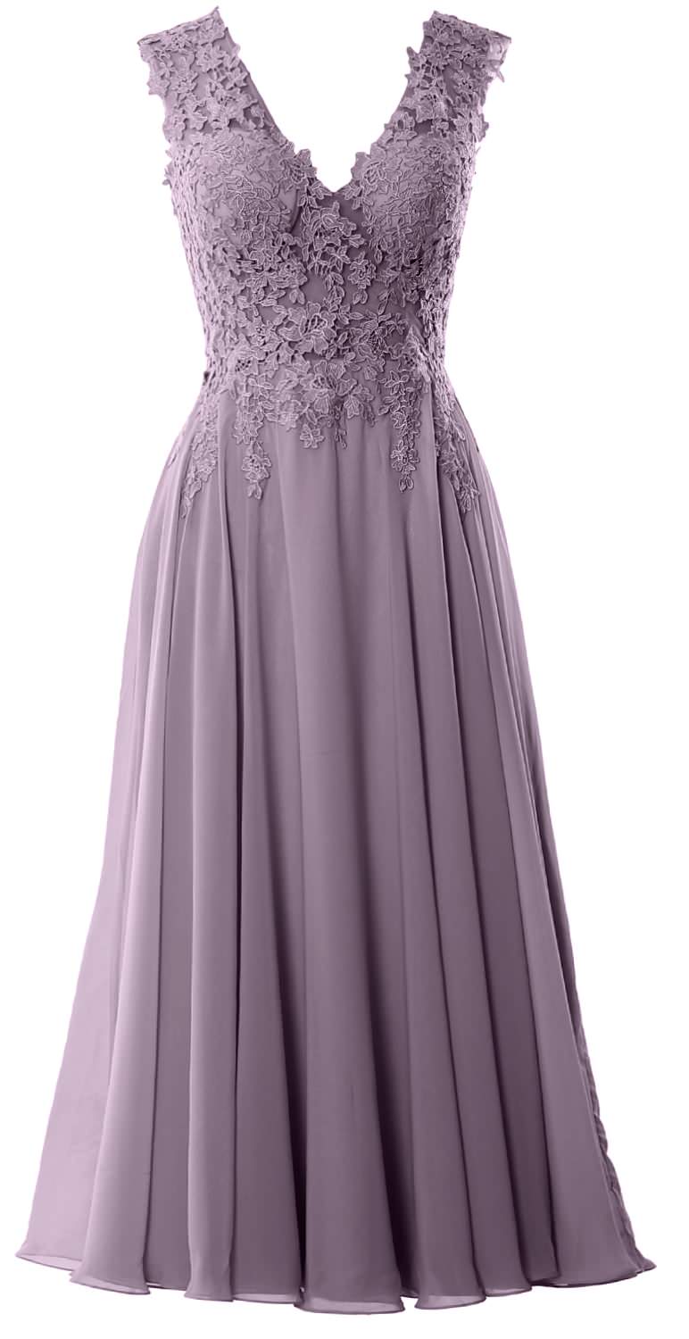MACloth Women V Neck Lace Mother Bride Dresses Midi Tea Length Wedding Dinner