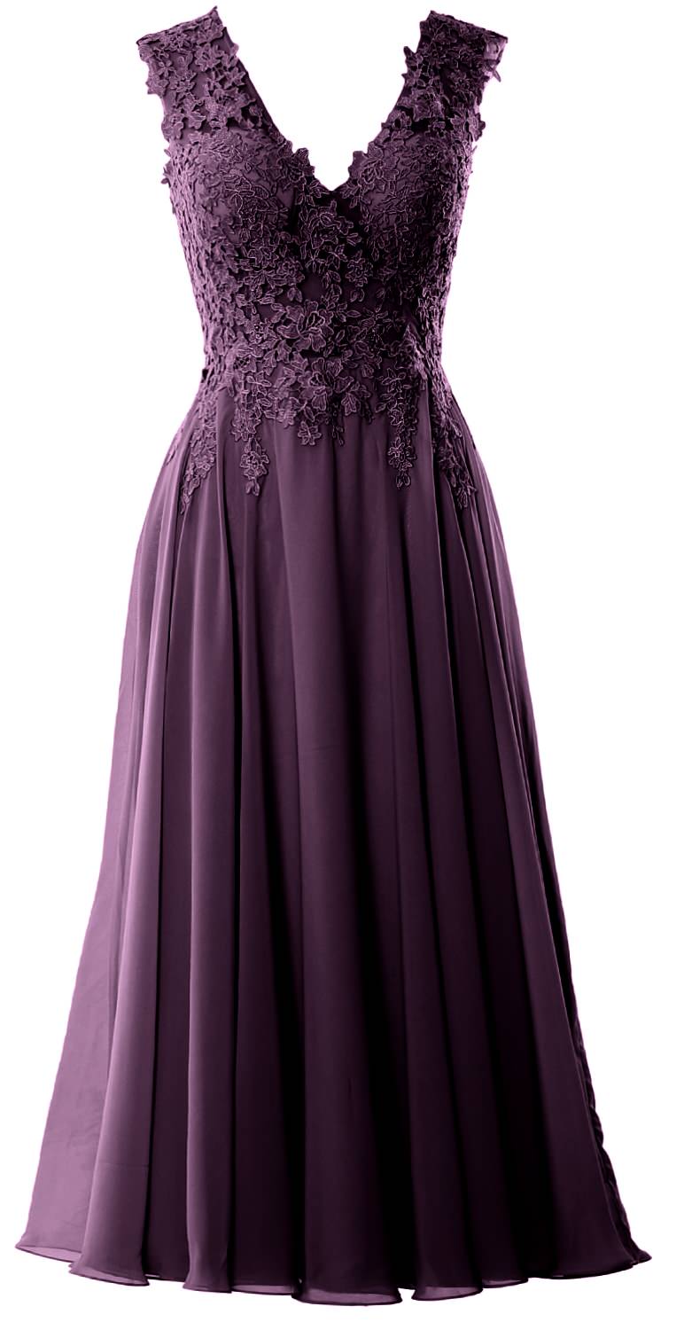 MACloth Women V Neck Lace Mother Bride Dresses Midi Tea Length Wedding Dinner