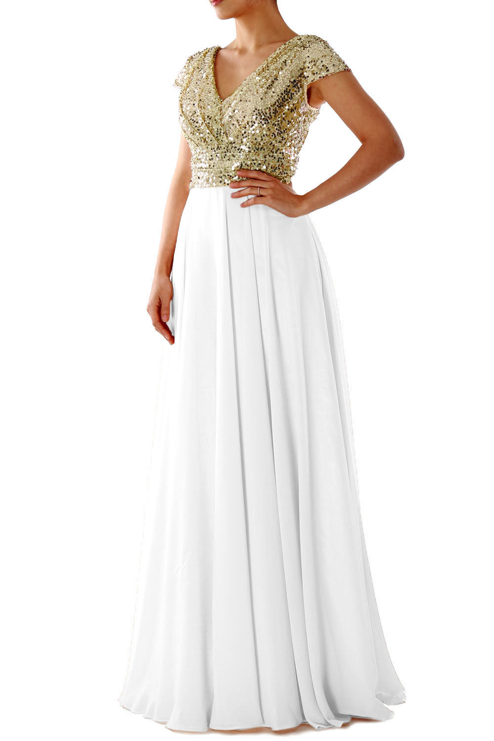 Cap Sleeves V Neck Sequin Chiffon Rose Gold Bridesmaid Dress Silver / Tea Length / Custom Size