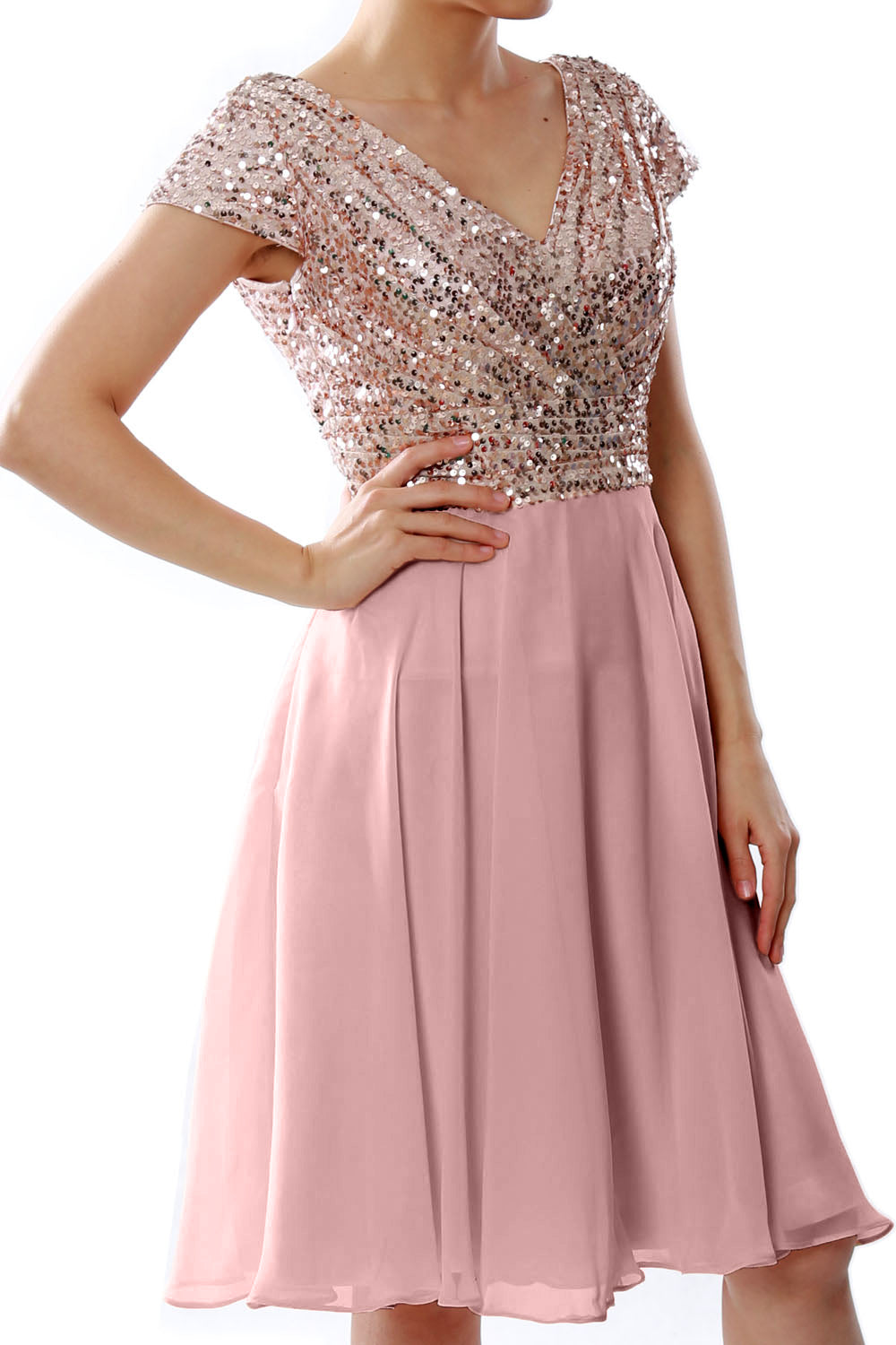 MACloth Mujeres Vestidos cortos para madre de la novia Mangas cortas Dama de honor Lentejuelas