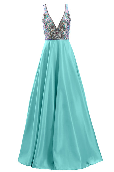 MACloth Women Deep V Neck Beaded Long Prom Dress Open Back Satin Evening Gown