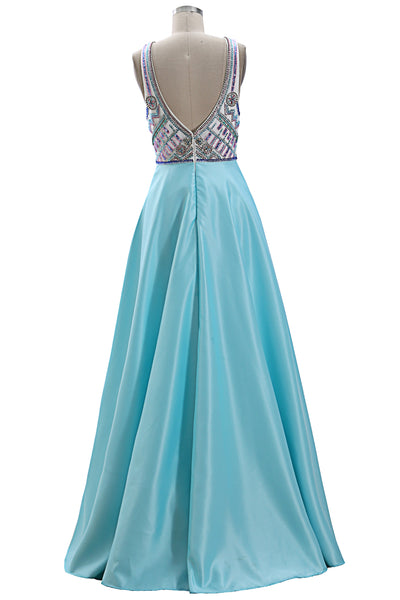 MACloth Women Deep V Neck Beaded Long Prom Dress Open Back Satin Evening Gown
