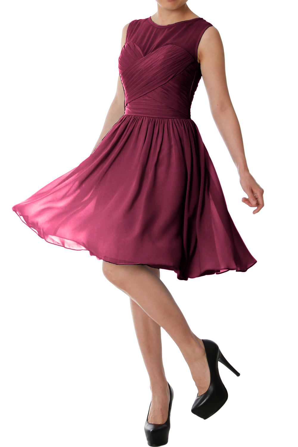 Vestido de dama de honor corto con cuello redondo elegante de MACloth, vestido formal de gasa para fiesta de boda