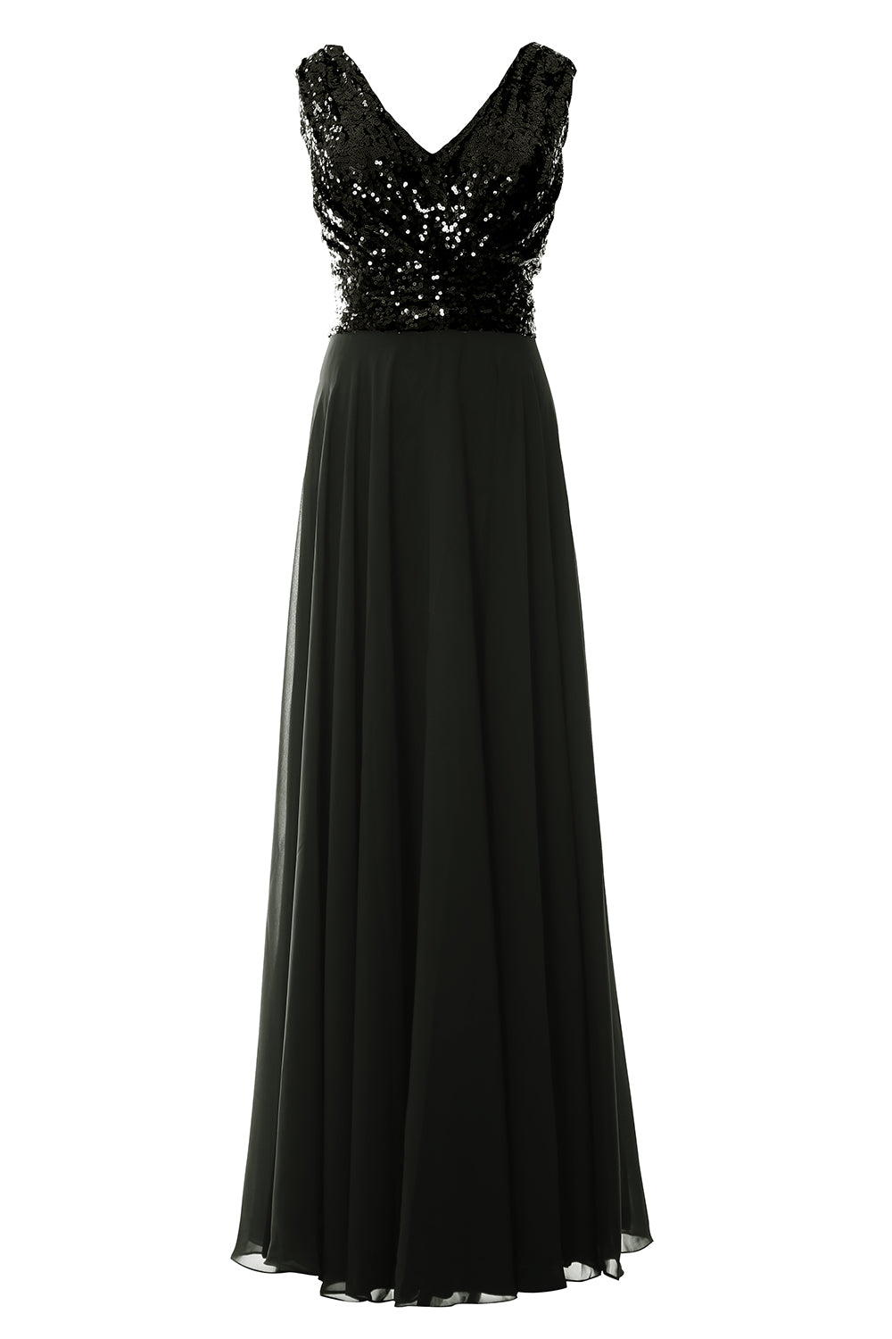 MACloth Women Sleeveless Long Bridesmaid Dresses V Neck Sequin Evening Gown