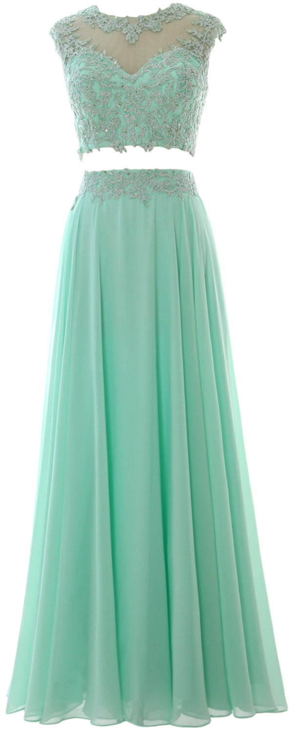 MACloth Vestido largo de fiesta de 2 piezas para mujer, de gasa con encaje, vestido formal de noche para fiesta