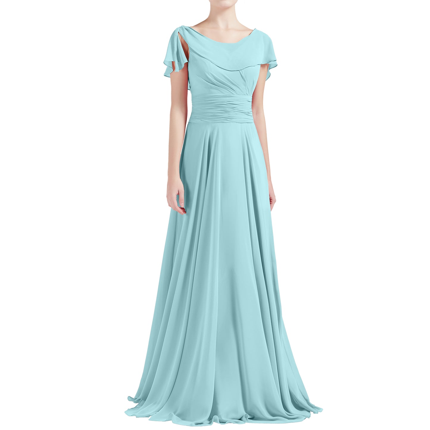 MACloth Damen O-Ausschnitt Rüschen Kurze Ärmel A-Linie Maxikleid Hochzeit Brautjungfernkleid