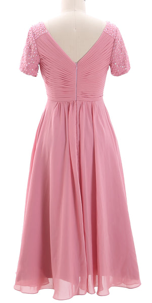 MACloth Women Midi Mother Bride Dresses Short Sleeves Wedding Guest Tea Length