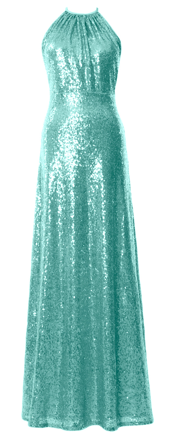 MACloth Damen Neckholder Pailletten Lange Brautjungfernkleider Hochzeit Party Abendkleid