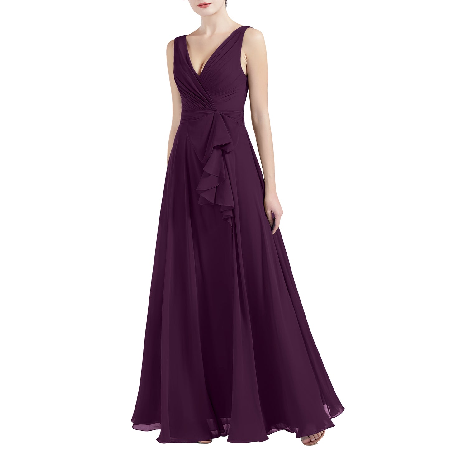 MACloth Women V Neck Long Pleated A Line Wedding Party Bridesmaid Dresses Slit