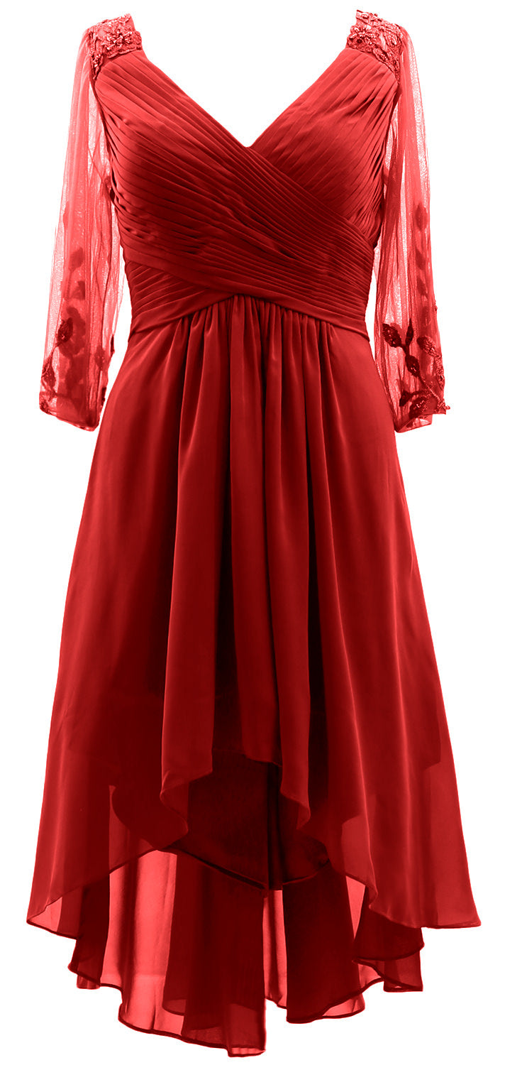 MACloth Damen Abendkleid mit V-Ausschnitt, High Low, für die Brautmutter, mit Ärmeln