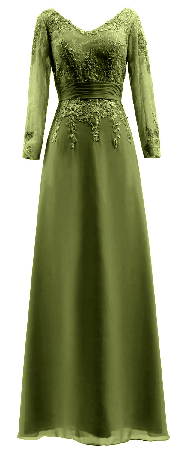 MACloth Vestidos de madre de la novia Mangas largas Cuello en V Encaje Vestido de noche formal
